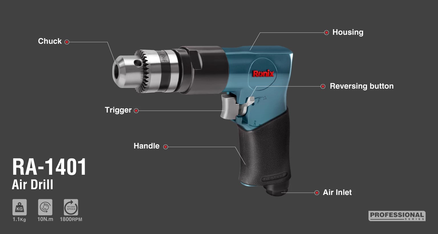 RA-1401 Air drill keyed chuck-Ronix Tools (7) RA-1401 Air drill keyed chuck-Ronix Tools (7)