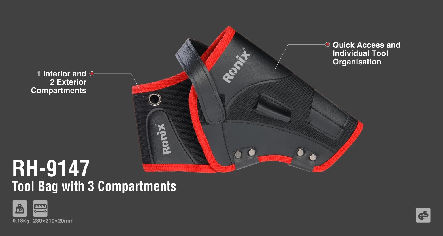 RH-9147 Tool bag with 3 compartments-Ronix Tools (1) RH-9147 Gereedskapsak met 3 kompartemente - Ronix Tools (1)